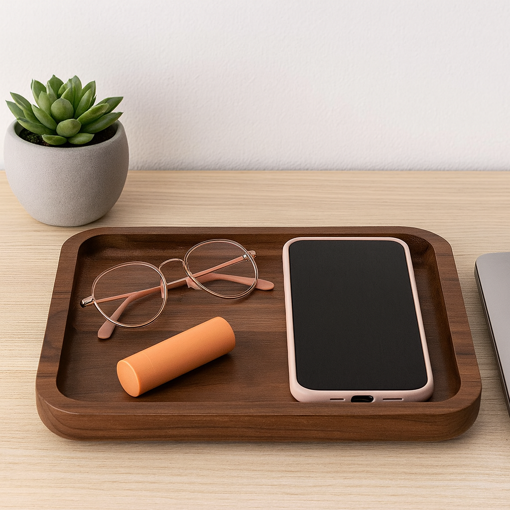Minimalist wooden catch-all tray used for ADHD desk organization, holding glasses, a phone, and a lip balm on a clean workspace.