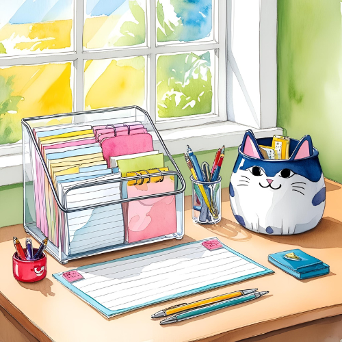 Top 5 ADHD Work Desk Hacks That Actually Work 1 ADHD-friendly organized desk with index card bins, pencils, and a cat-themed pen holder by a sunny window