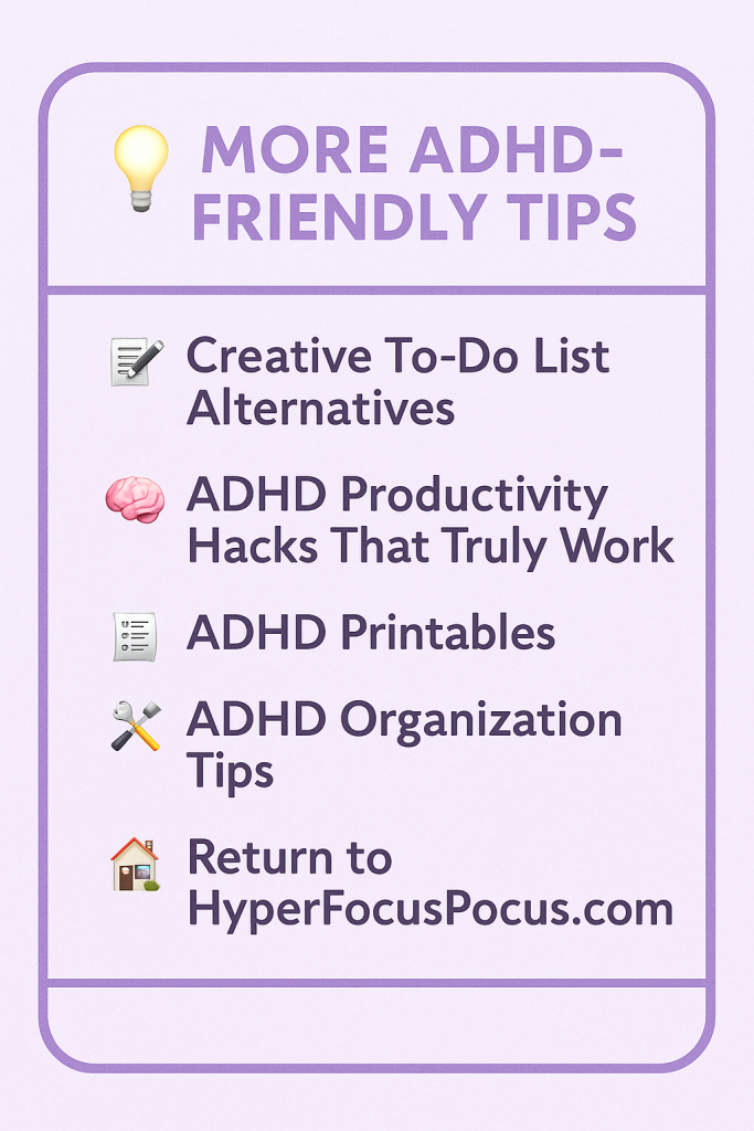 Top 5 ADHD Work Desk Hacks That Boost Focus 8 More ADHD-friendly tips graphic with lavender background, featuring blog post titles and emojis for focus, productivity, and routines