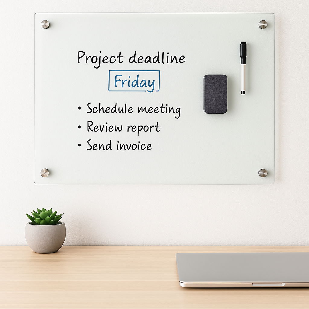 Minimalist glass whiteboard used for ADHD workspace organization on a clean desk with simple, non-distracting items.