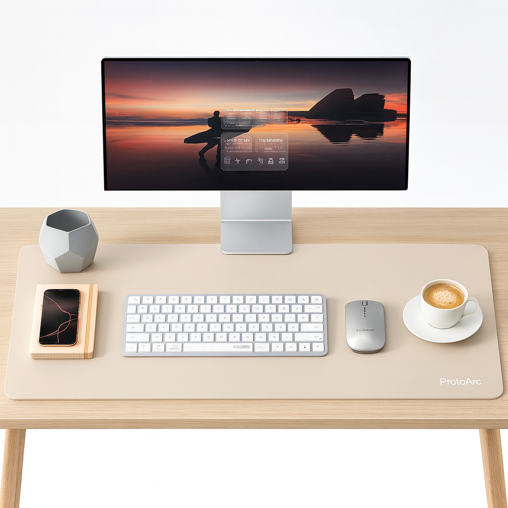 Beige desk mat placed on a light wooden desk with a keyboard, mouse, monitor, phone, and coffee cup in an organized workspace.