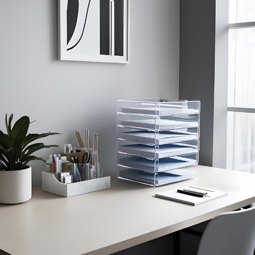 Clear acrylic stacking bins for ADHD-friendly desk organization, shown on a modern workspace with natural light