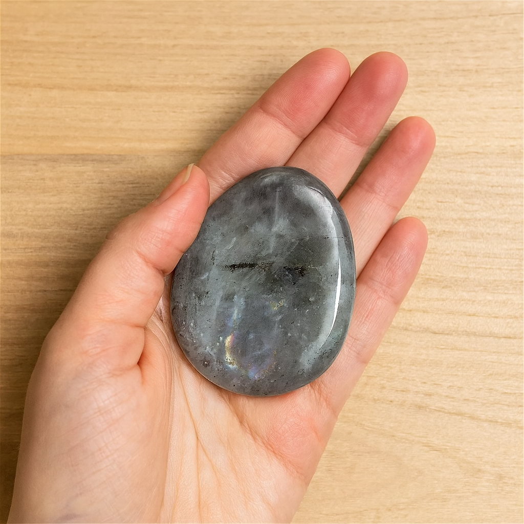 A woman’s hand holding a smooth, polished gray stone over a light wooden desk surface.