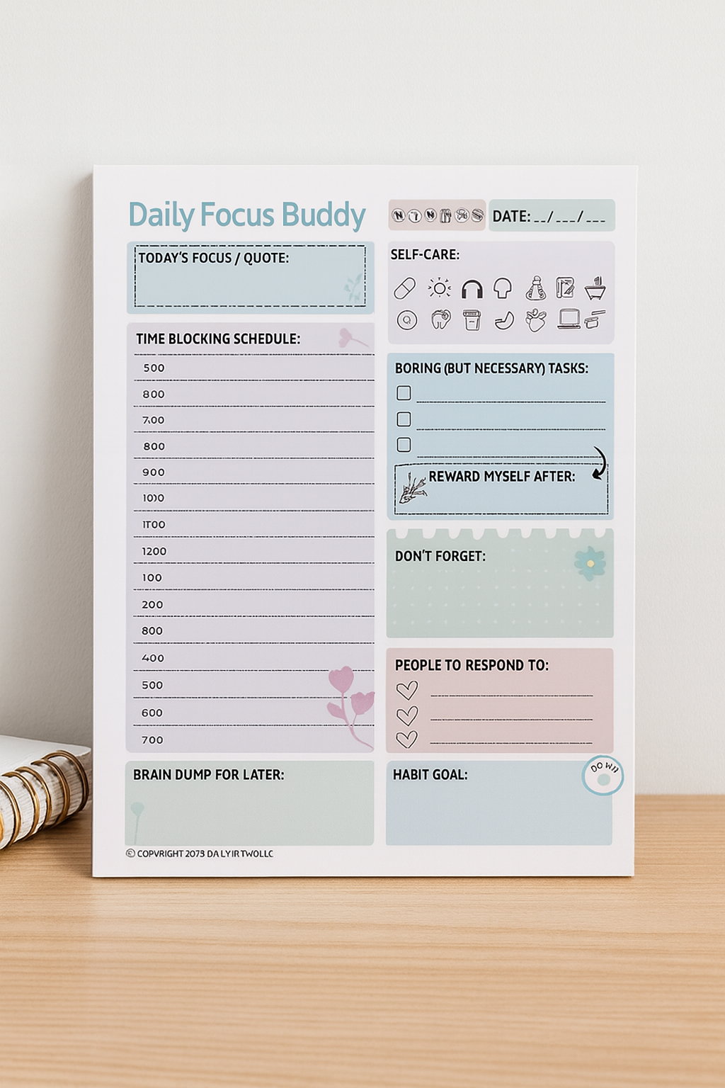 ADHD Texting Overwhelm: Why It Feels Hard 7 Daily Focus Buddy notepad standing on a minimalist wooden desk for planning and time blocking.