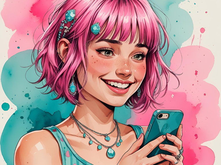 Illustration of a messy-haired woman texting with ADHD, looking calm and relaxed while holding her phone