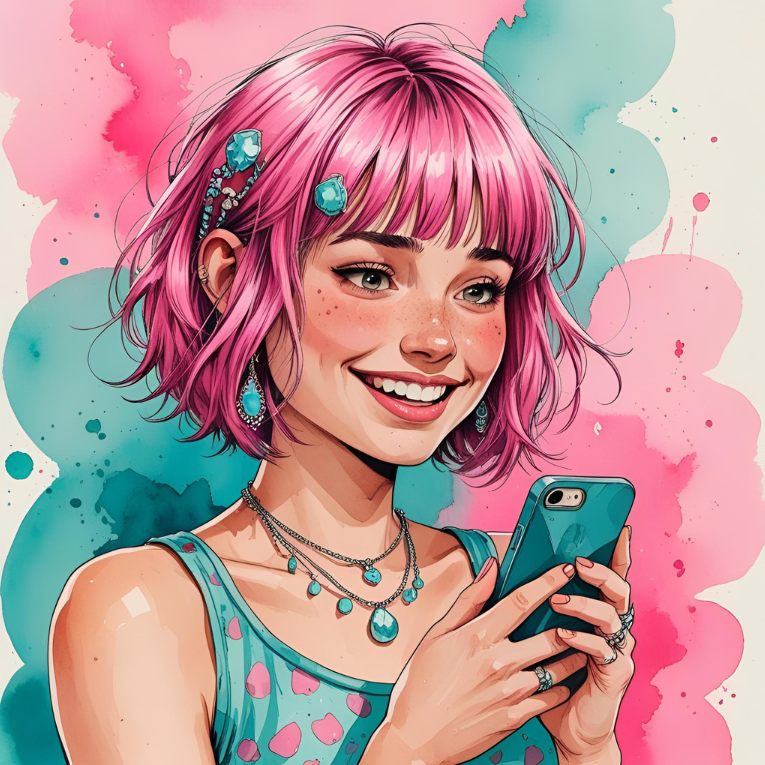 Why Texting with ADHD Feels Like a To-Do List (And You're Not Broken) 3 Illustration of a messy-haired woman texting with ADHD, looking calm and relaxed while holding her phone