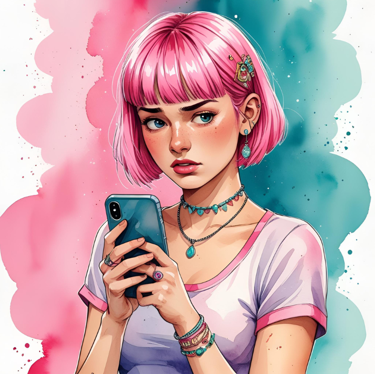 Why Texting with ADHD Feels Like a To-Do List (And You're Not Broken) 2 Illustration of an ADHD woman looking overwhelmed by her phone, symbolizing ADHD texting overwhelm