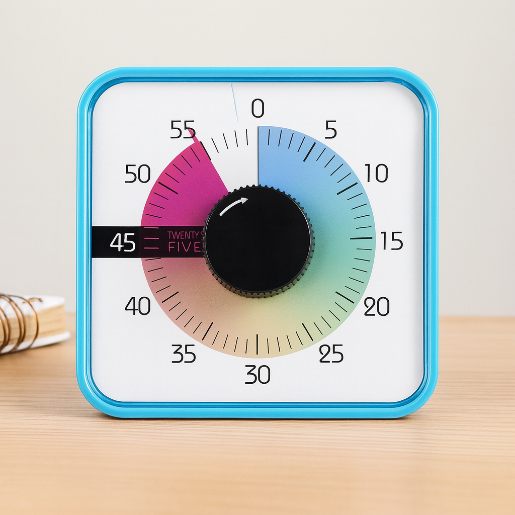 ADHD Texting Overwhelm: Why It Feels Hard 6 Visual countdown timer on a minimalist wooden desk for time management.