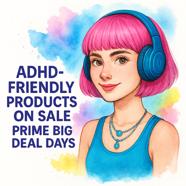 Watercolor illustration of the HFP mascot wearing headphones with text promoting ADHD Prime Big Deal Days deals.