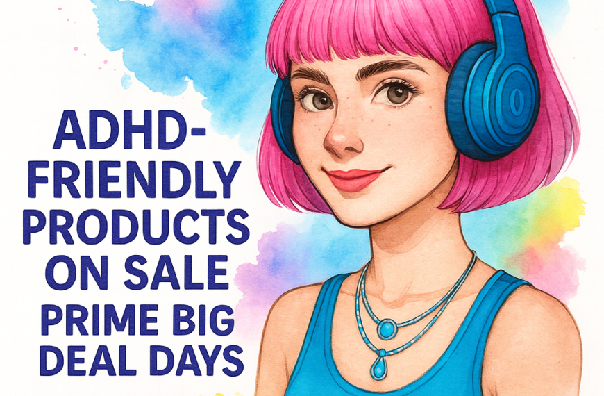 Blog 3 Watercolor illustration of the HFP mascot wearing headphones with text promoting ADHD Prime Big Deal Days deals.