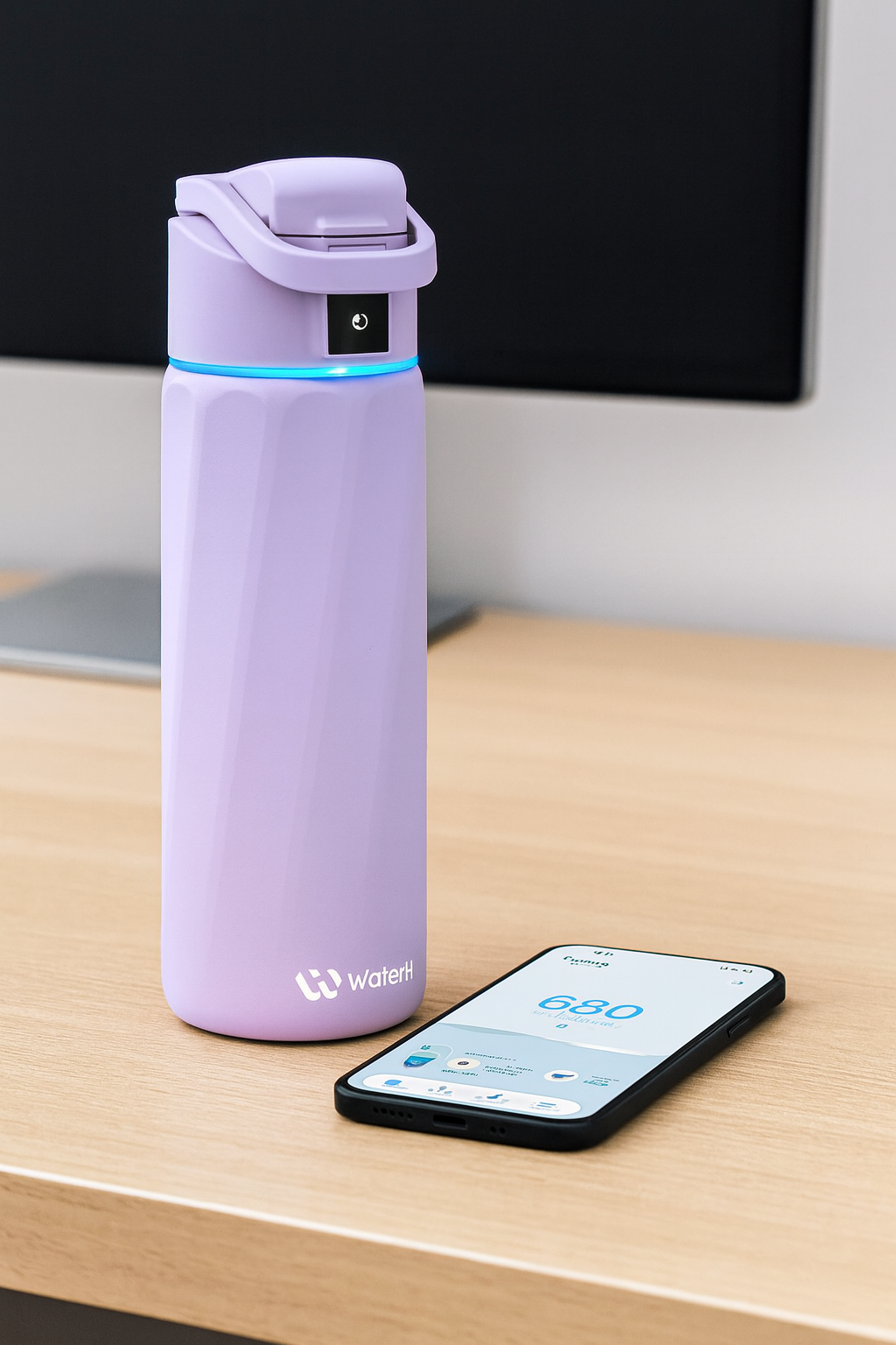 Purple Boost smart water bottle on a desk beside a phone and computer monitor.