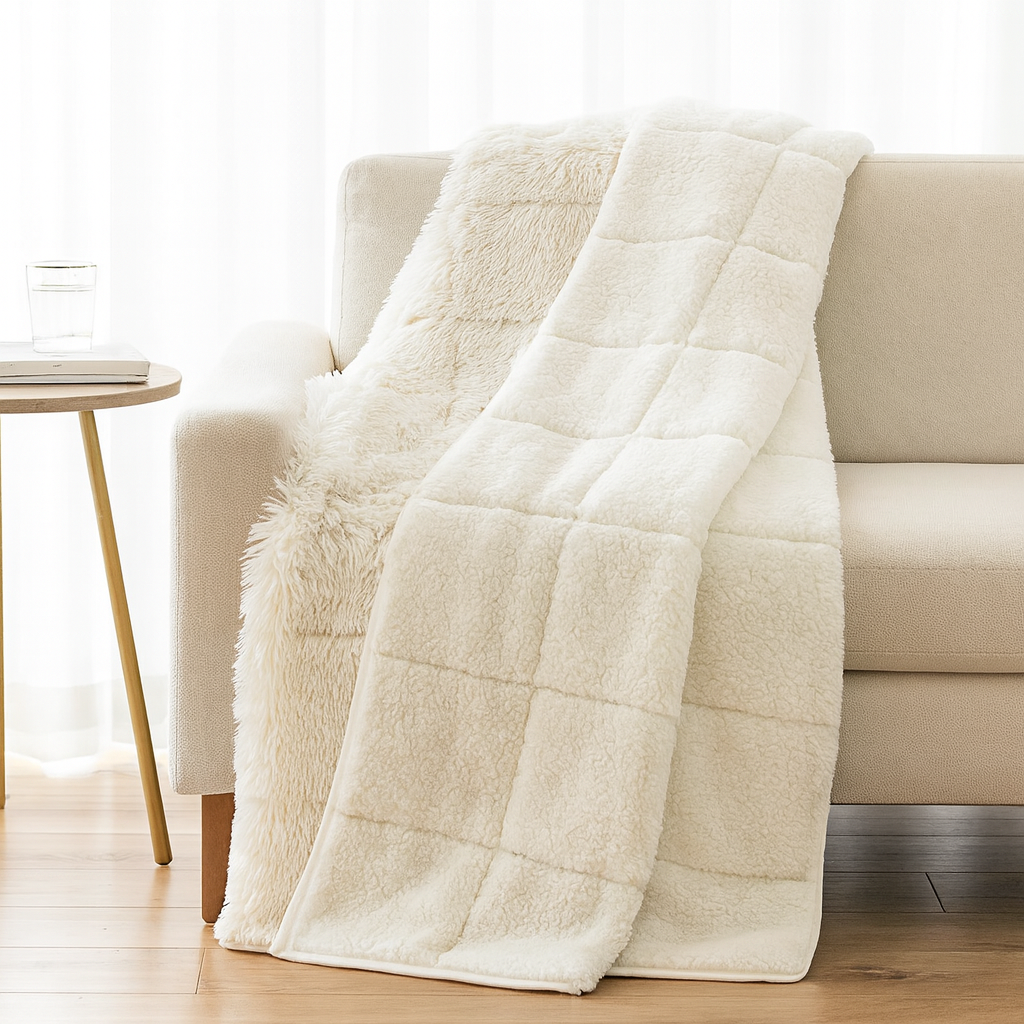 White faux fur weighted blanket draped over a couch.