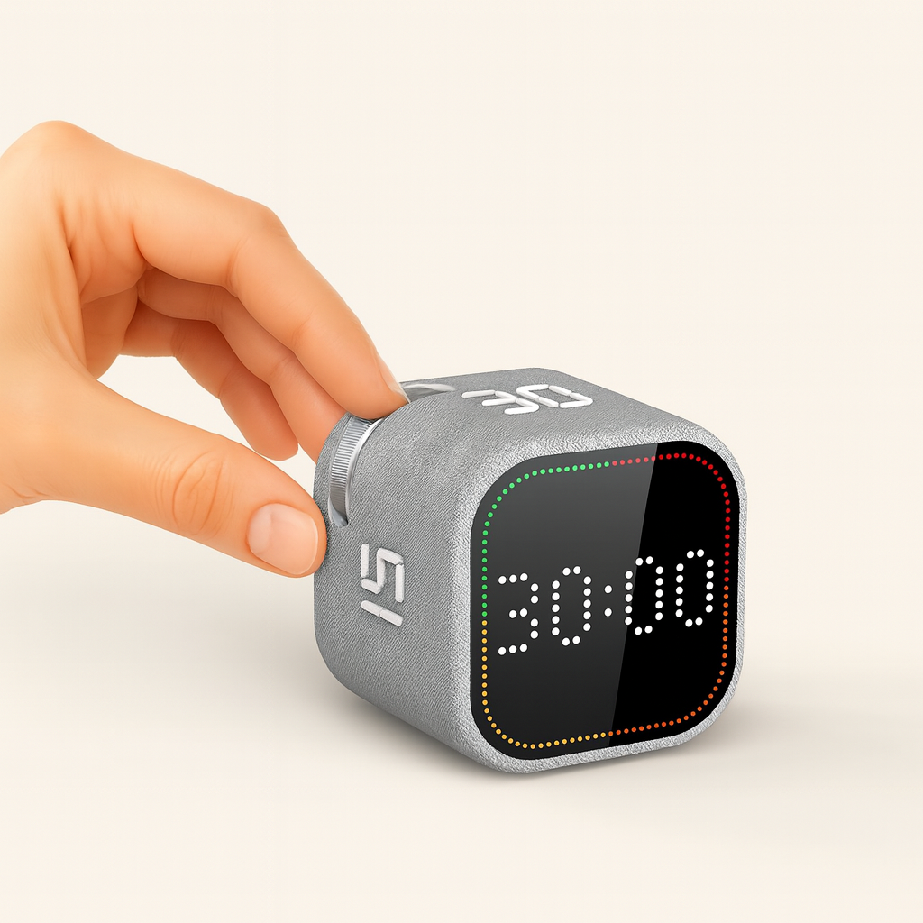 Hand flipping a digital Pomodoro cube timer.