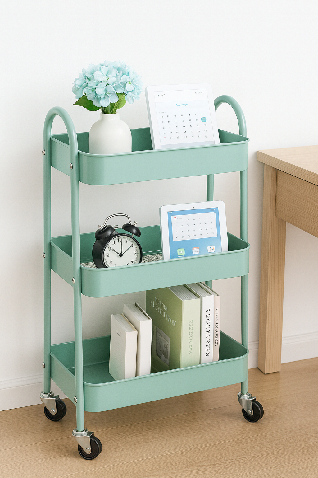 Green rolling three-tier storage cart with books, clock, flowers, and calendar.