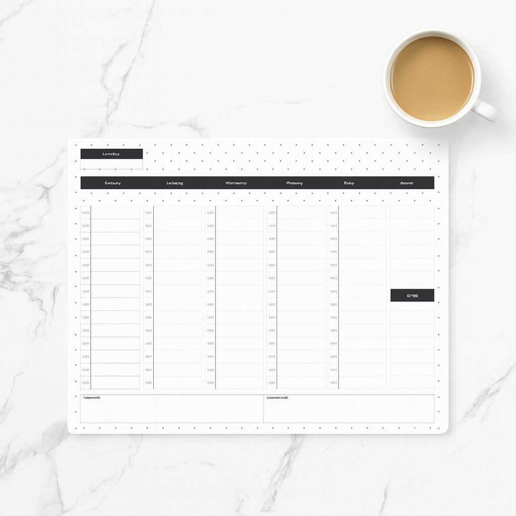 Daily time-blocking notepad on a marble desk with a cup of coffee.