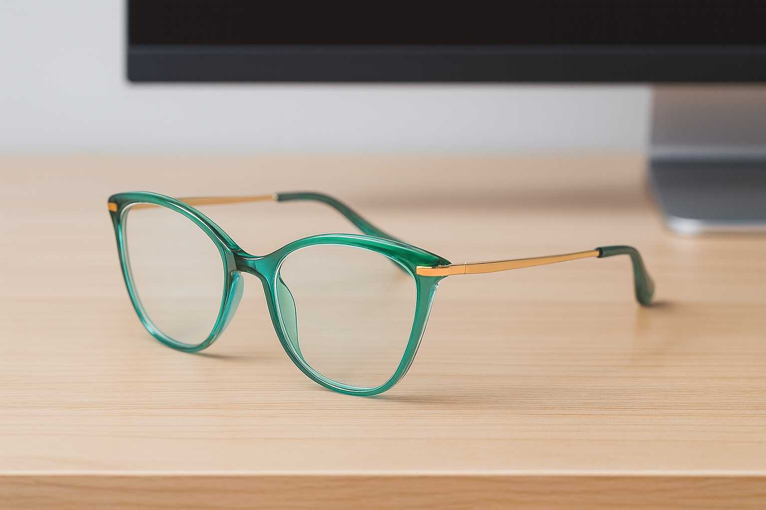 Green blue-light glasses on a desk with a monitor in the background.