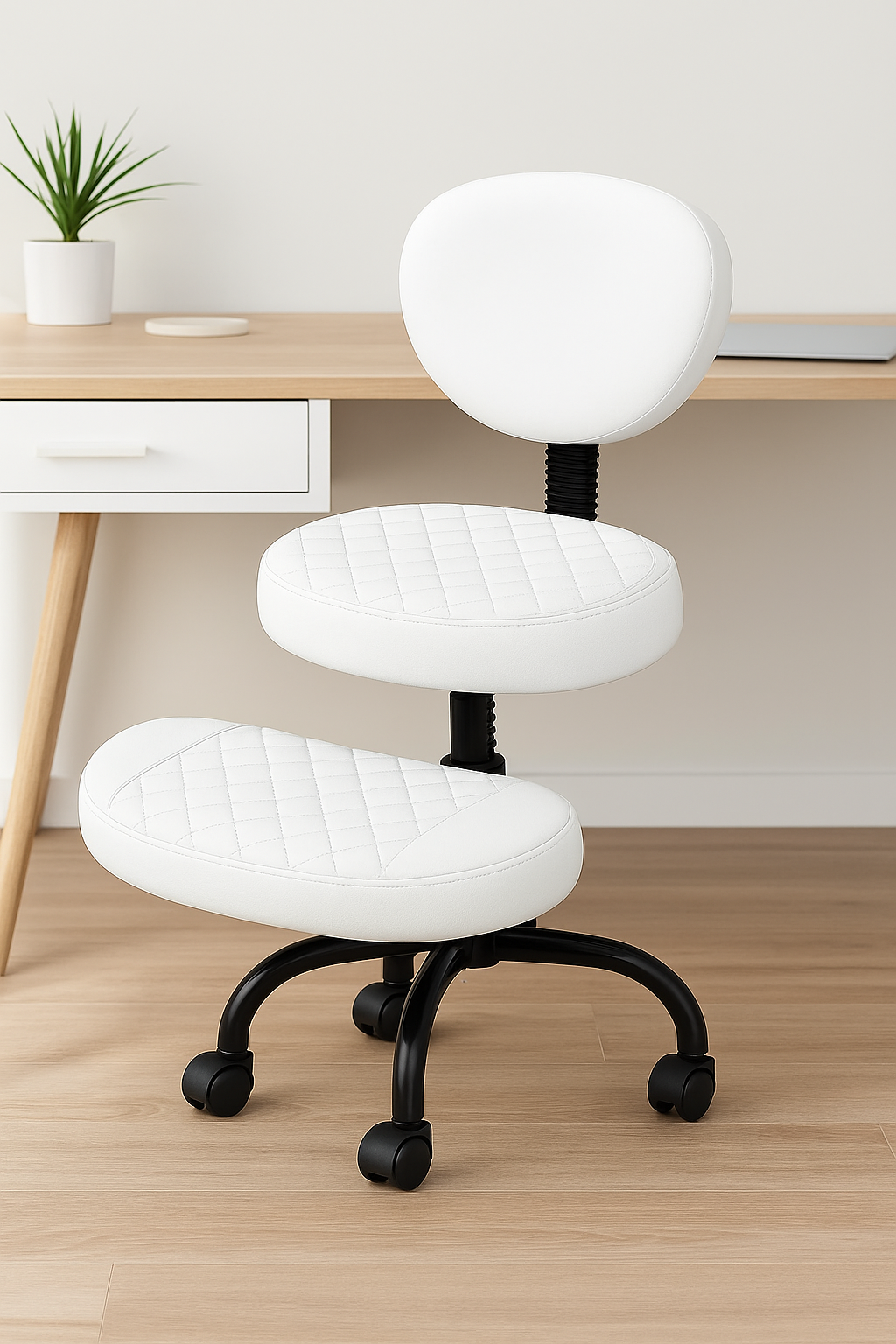 White ergonomic cross-legged office chair at a minimalist desk.