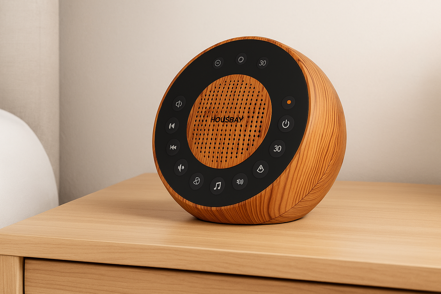 Wood-pattern Housbay white noise machine on a nightstand.