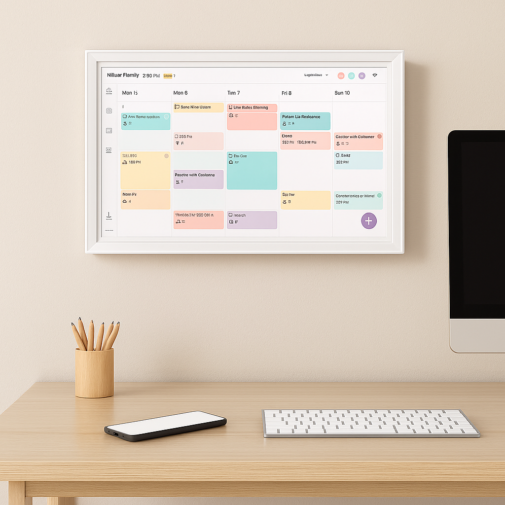 Digital wall planner and chore chart hanging above a minimalist desk.