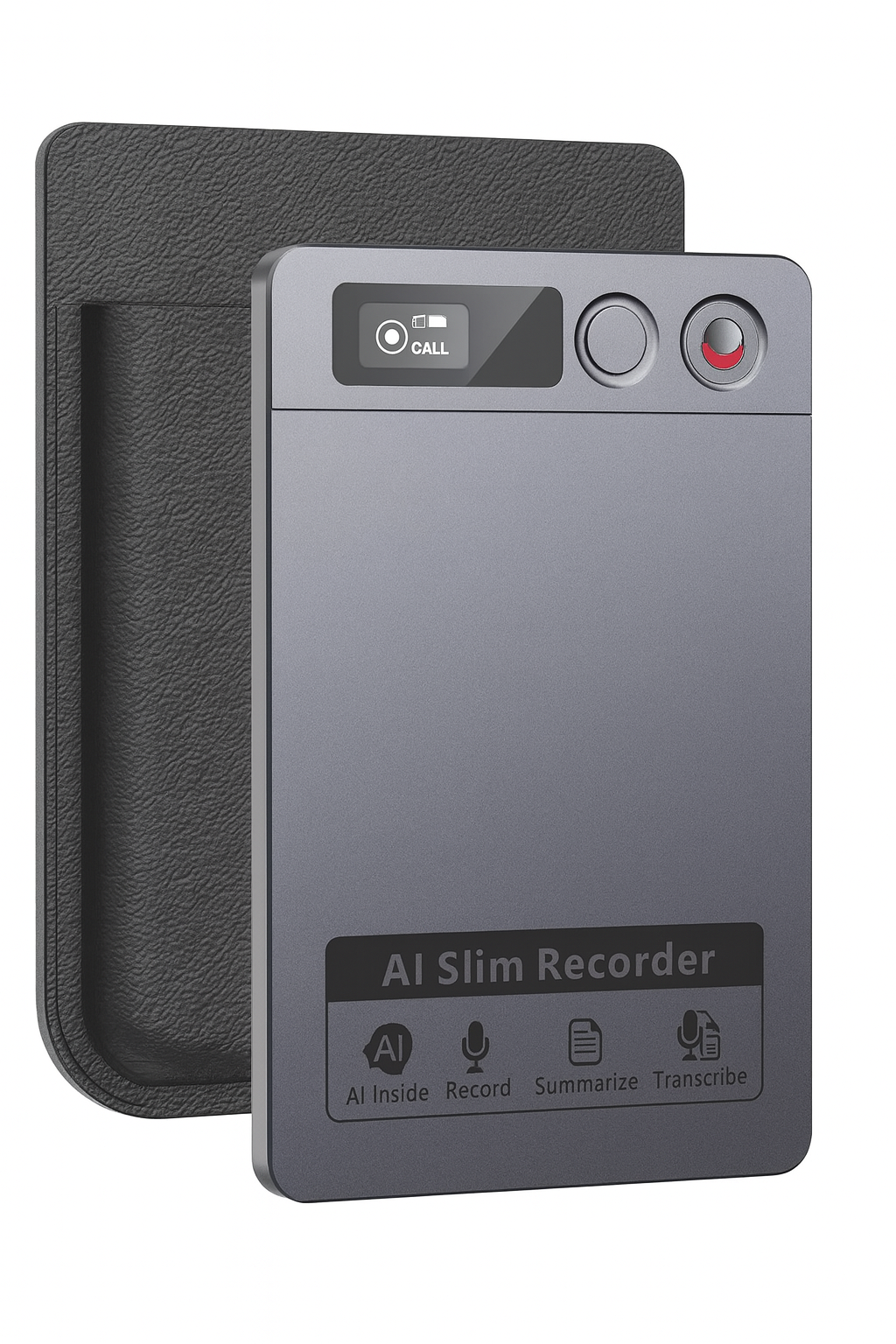 Compact AI voice recorder with case.