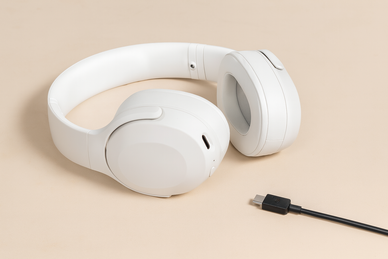 White Skullcandy Crusher Evo headphones and USB-C charging cable on a desk.